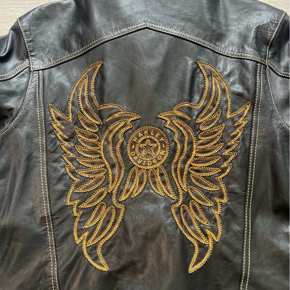 Harley Davidson Leather Motorcycle Jacket w/ Gold Embroidered Angel Wings - Picture 6 of 9